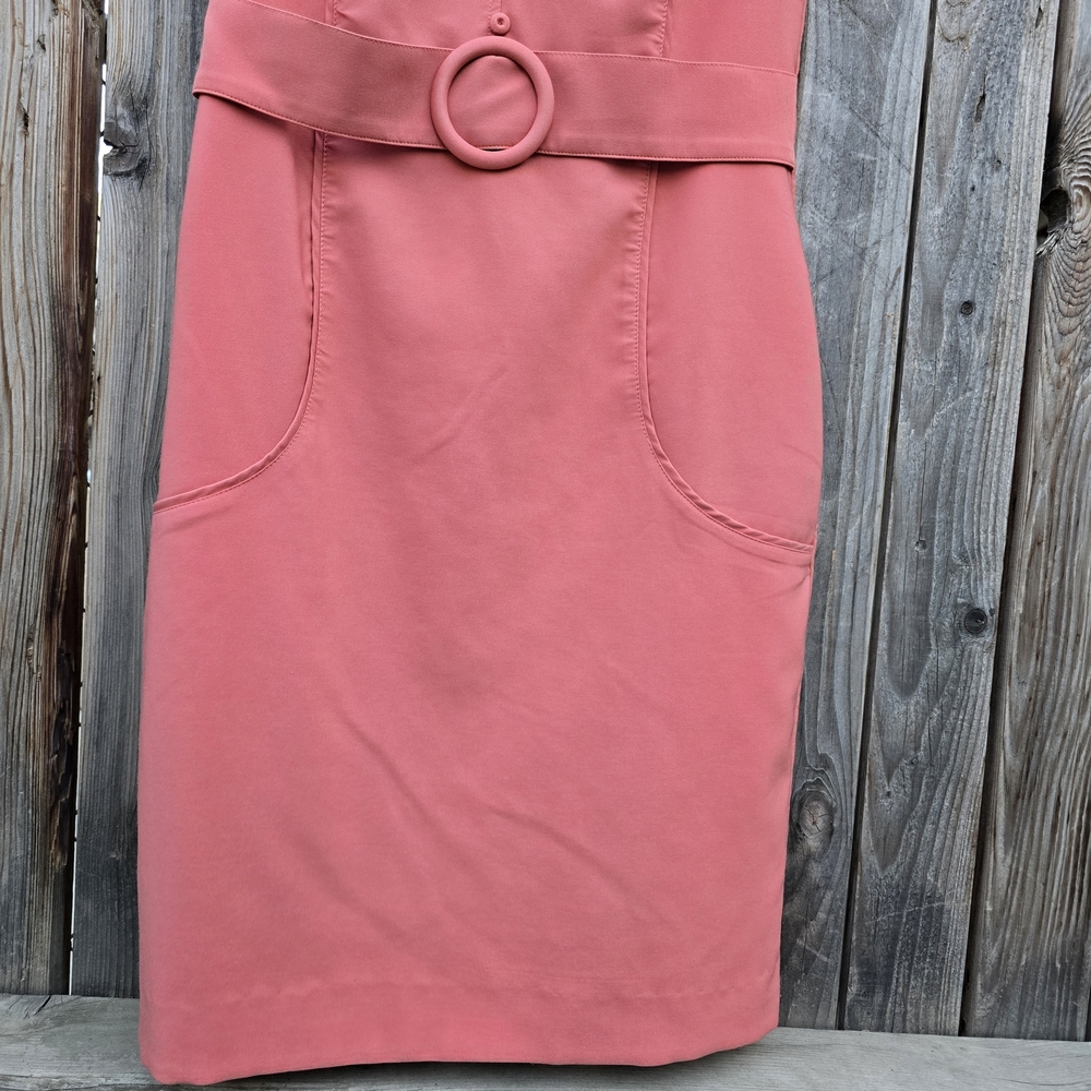 Sleeveless Coral Pink V Neck Belted Sheath Dress Size M - Picture 6 of 10